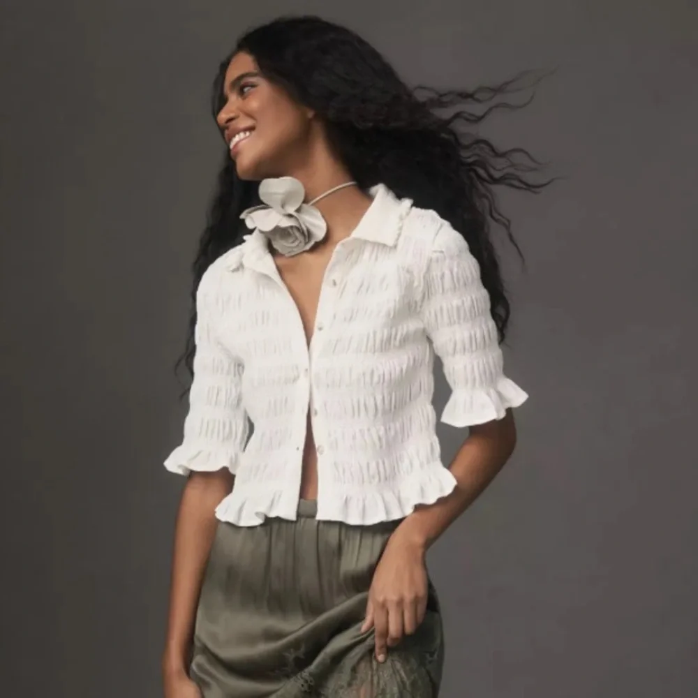 MAEVE Anthropologie Smocked Button Front Top Ivory Natural Cottagecore Chic 2X - Picture 3 of 16